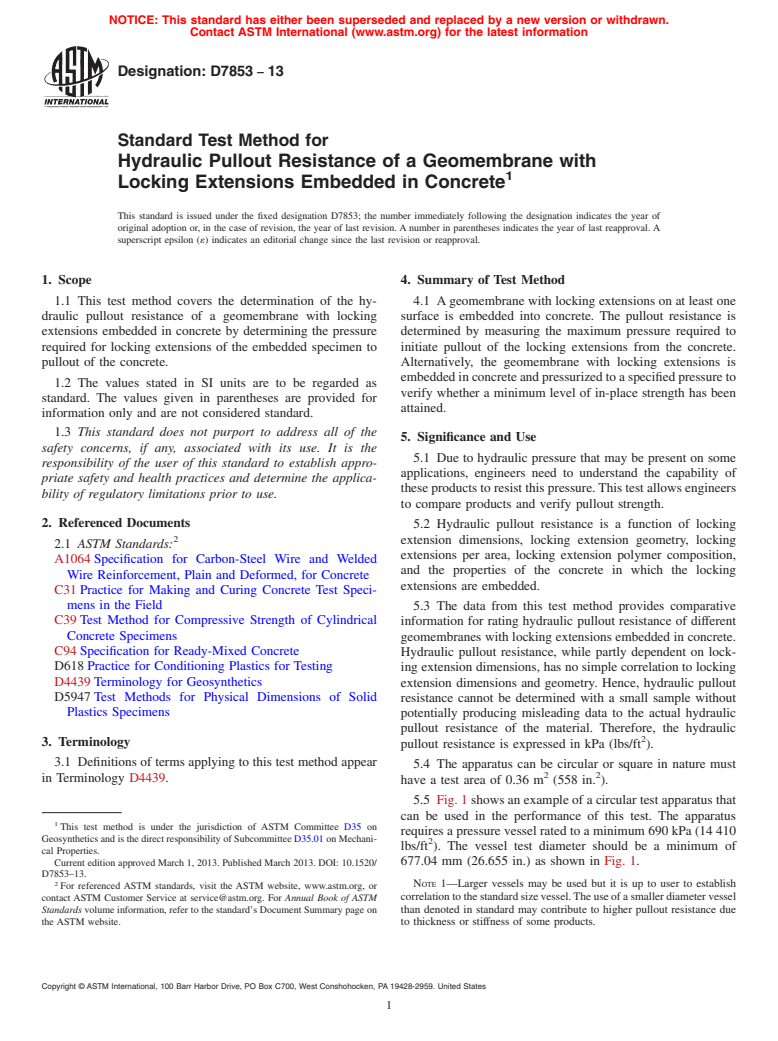 ASTM D7853-13 - Standard Test Method for Hydraulic Pullout Resistance of a Geomembrane with Locking  Extensions Embedded in Concrete