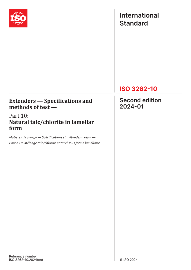 ISO 3262-10:2024 - Extenders — Specifications and methods of test — Part 10: Natural talc/chlorite in lamellar form
Released:15. 01. 2024