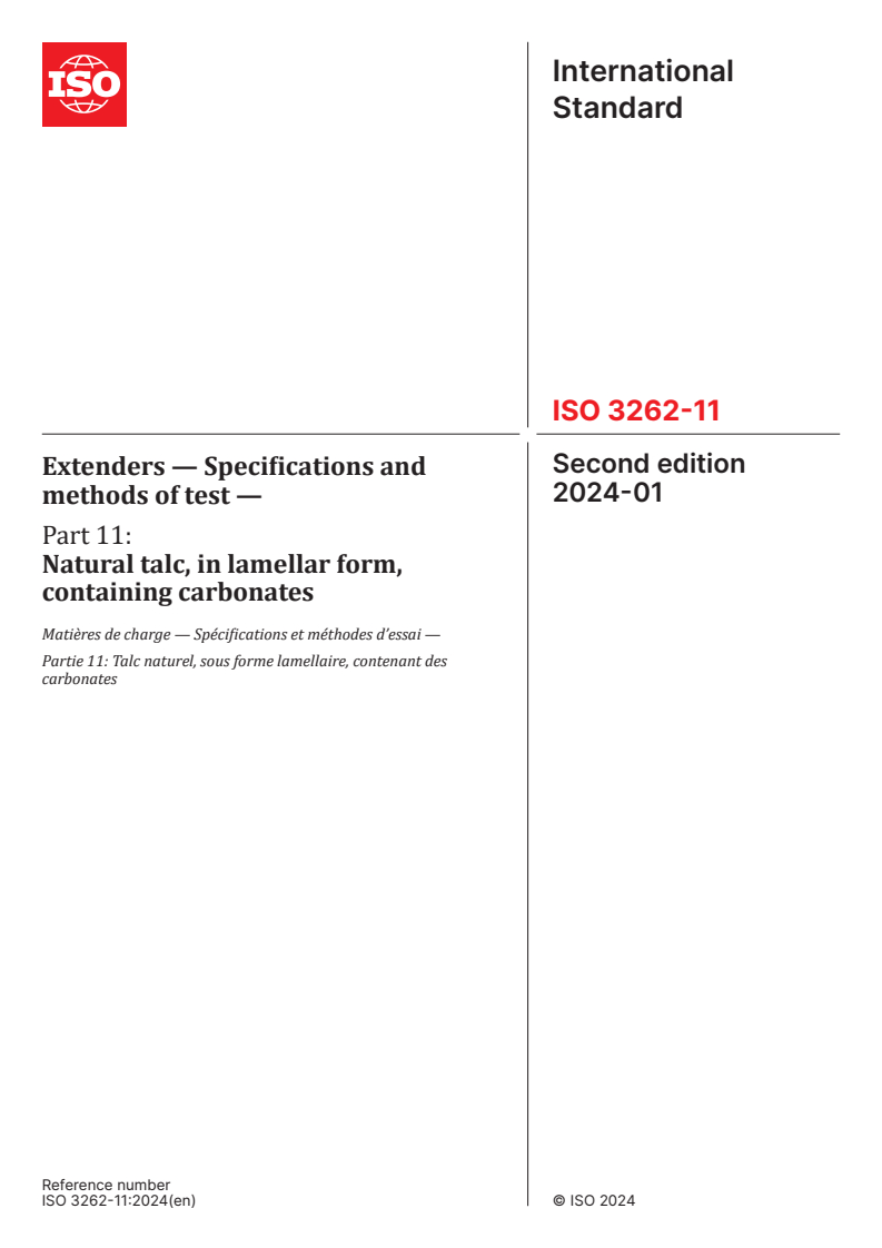 ISO 3262-11:2024 - Extenders — Specifications and methods of test — Part 11: Natural talc, in lamellar form, containing carbonates
Released:15. 01. 2024