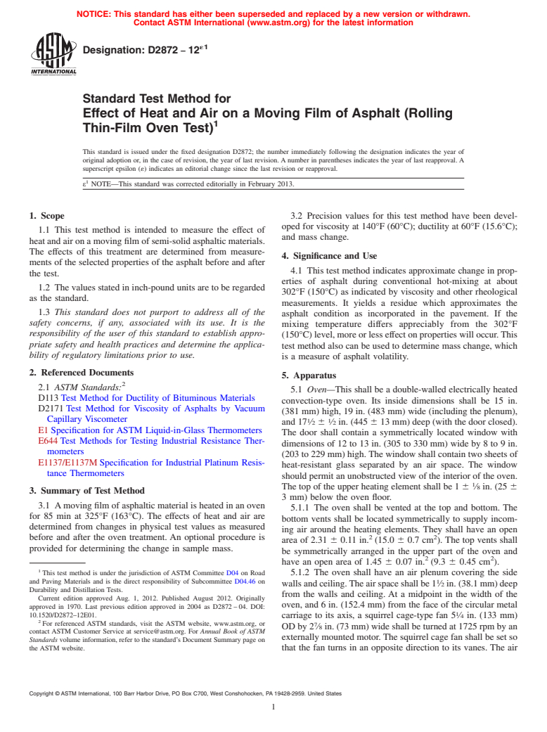 ASTM D2872-12e1 - Standard Test Method for  Effect of Heat and Air on a Moving Film of Asphalt (Rolling  Thin-Film Oven Test)