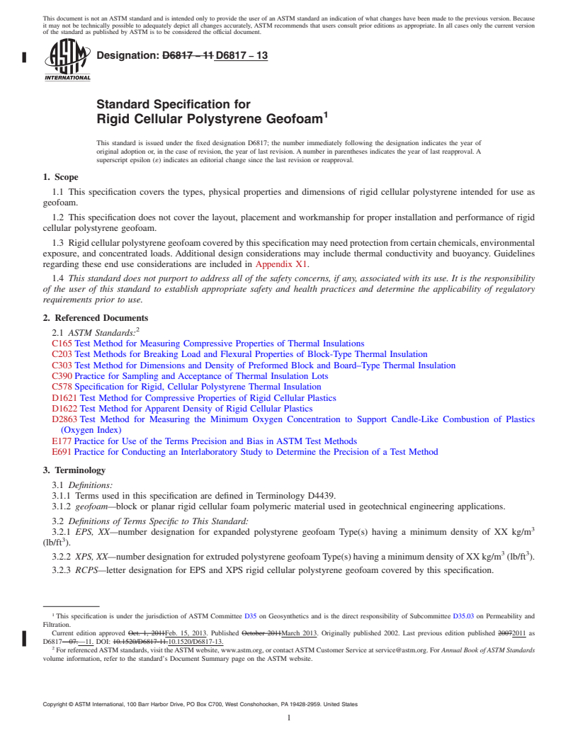 REDLINE ASTM D6817-13 - Standard Specification for  Rigid Cellular Polystyrene Geofoam