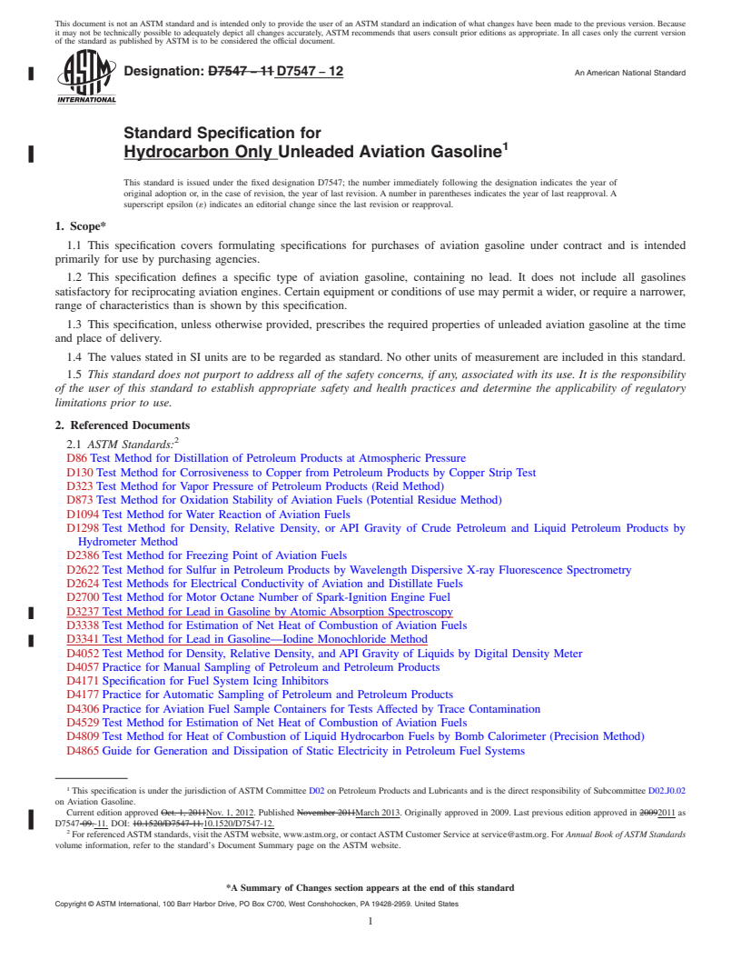 REDLINE ASTM D7547-12 - Standard Specification for Hydrocarbon Only Unleaded Aviation Gasoline