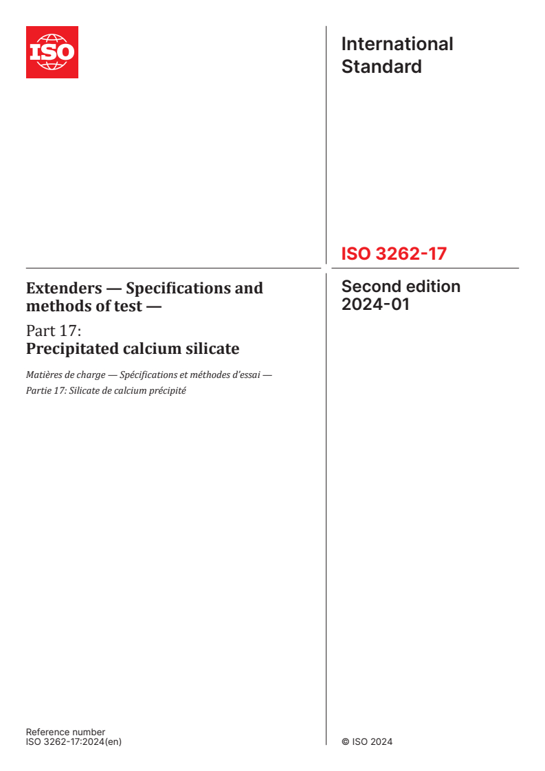 ISO 3262-17:2024 - Extenders — Specifications and methods of test — Part 17: Precipitated calcium silicate
Released:15. 01. 2024