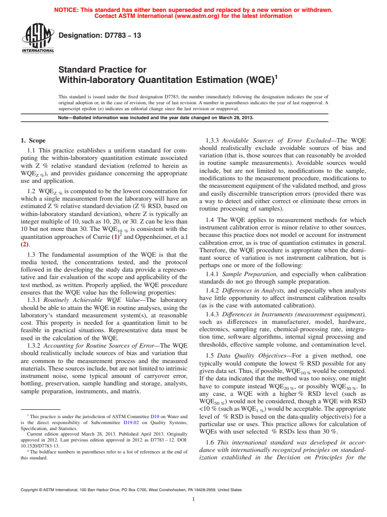 ASTM D7783-13 - Standard Practice for Within-laboratory Quantitation Estimation (WQE)