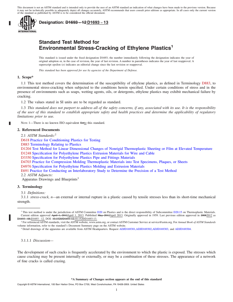 REDLINE ASTM D1693-13 - Standard Test Method for  Environmental Stress-Cracking of Ethylene Plastics