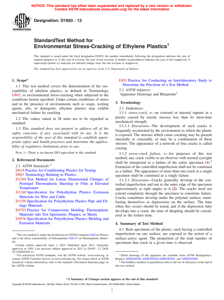 ASTM D1693-13 - Standard Test Method for  Environmental Stress-Cracking of Ethylene Plastics