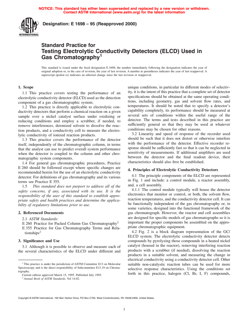 ASTM E1698-95(2000) - Standard Practice for Testing Electrolytic Conductivity Detectors (ELCD) Used in Gas Chromatography