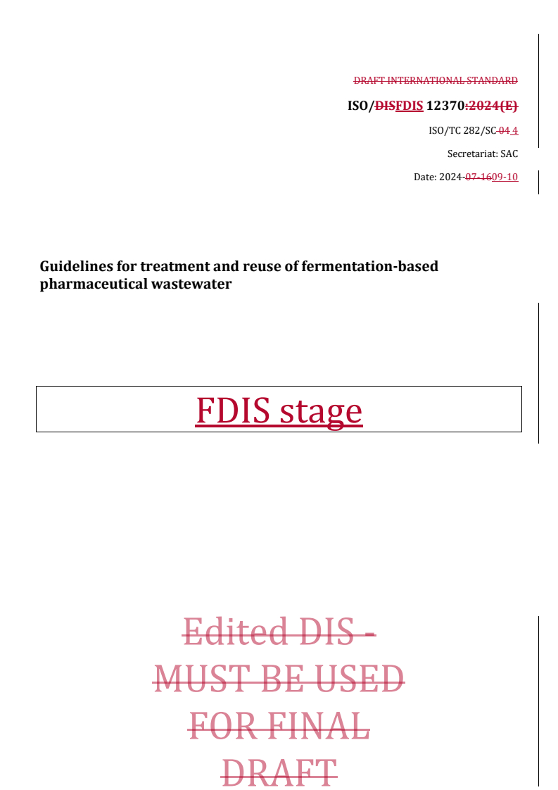 REDLINE ISO/FDIS 12370 - Guidelines for treatment and reuse of fermentation-based pharmaceutical wastewater
Released:10. 09. 2024