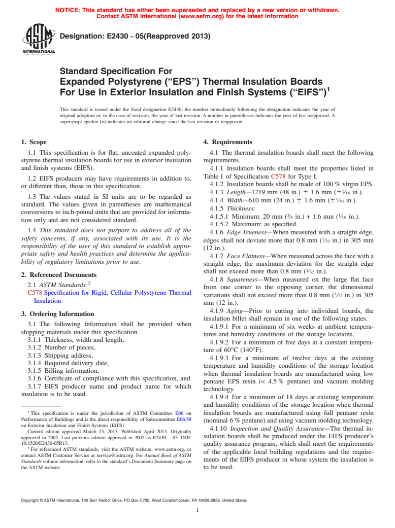 ASTM E2430-05(2013) - Standard Specification For  Expanded Polystyrene (&ldquo;EPS&rdquo;) Thermal Insulation  Boards  For Use In Exterior Insulation and Finish Systems (&ldquo;EIFS&rdquo;)