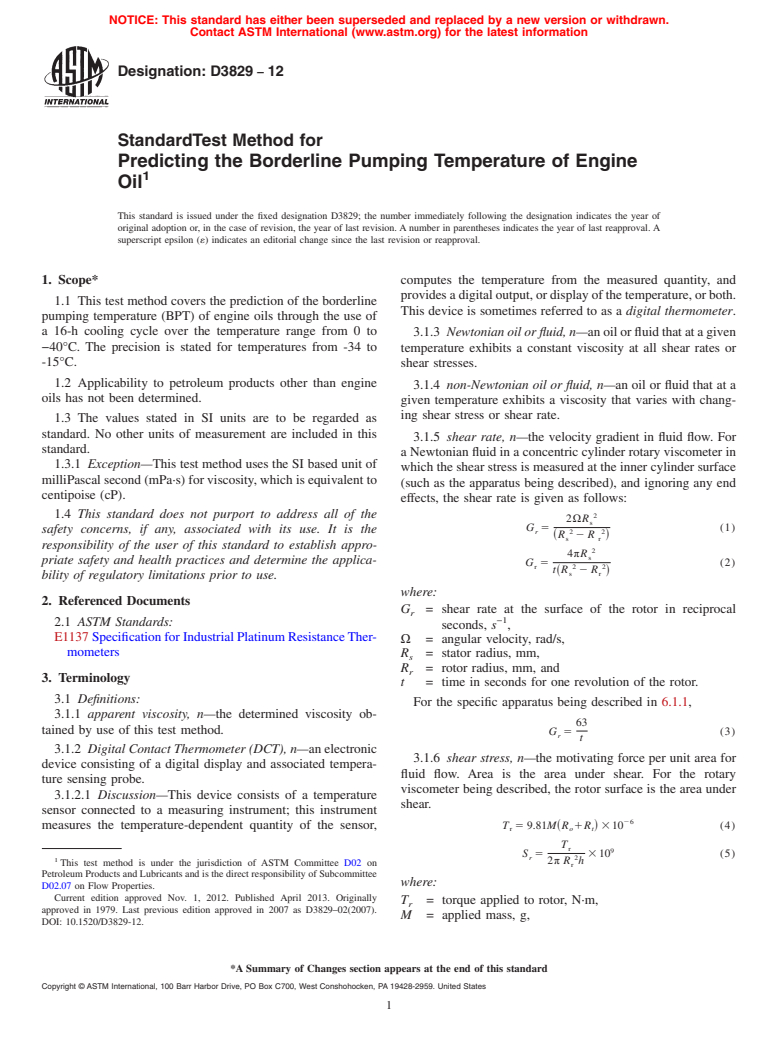 ASTM D3829-12 - Standard Test Method for Predicting the Borderline Pumping Temperature of Engine Oil