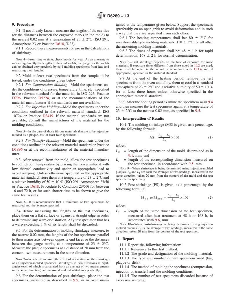 ASTM D6289-13 - Standard Test Method for  Measuring Shrinkage from Mold Dimensions of Molded Thermosetting  Plastics