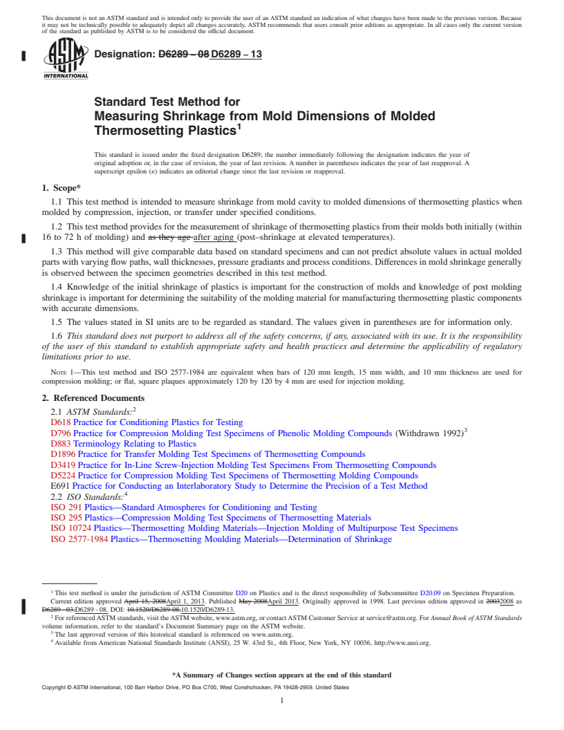 REDLINE ASTM D6289-13 - Standard Test Method for  Measuring Shrinkage from Mold Dimensions of Molded Thermosetting  Plastics