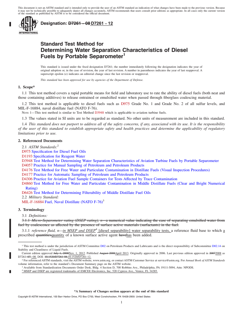 REDLINE ASTM D7261-12 - Standard Test Method for Determining Water Separation Characteristics of Diesel Fuels  by Portable Separometer