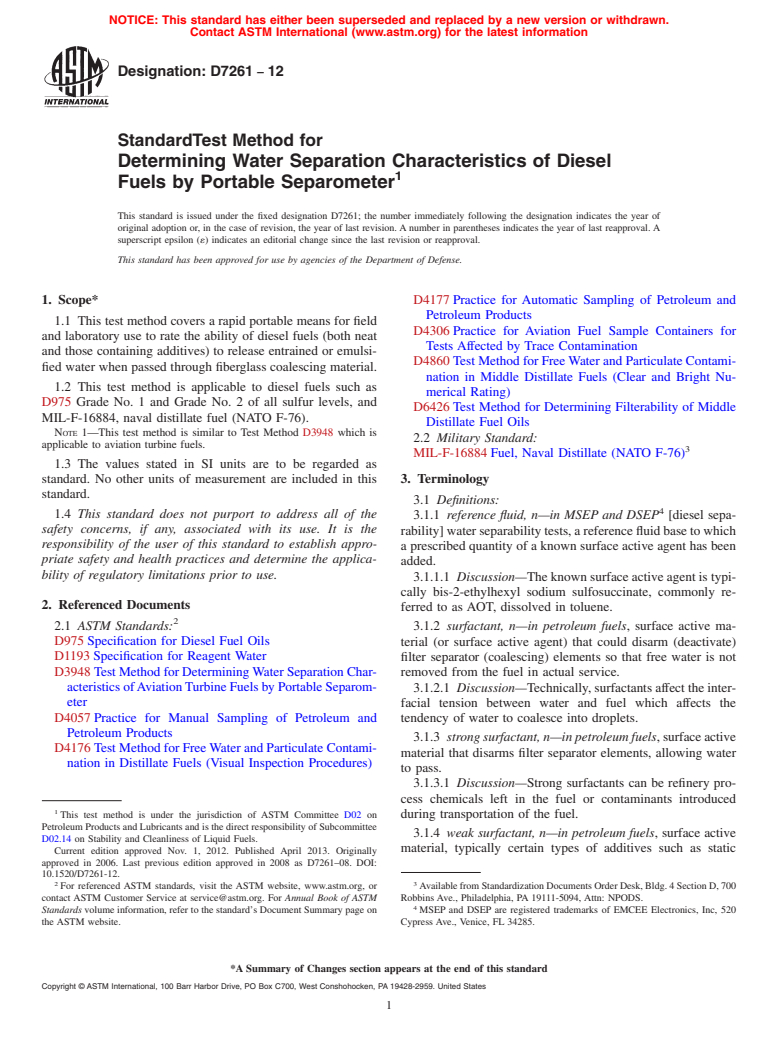 ASTM D7261-12 - Standard Test Method for Determining Water Separation Characteristics of Diesel Fuels  by Portable Separometer