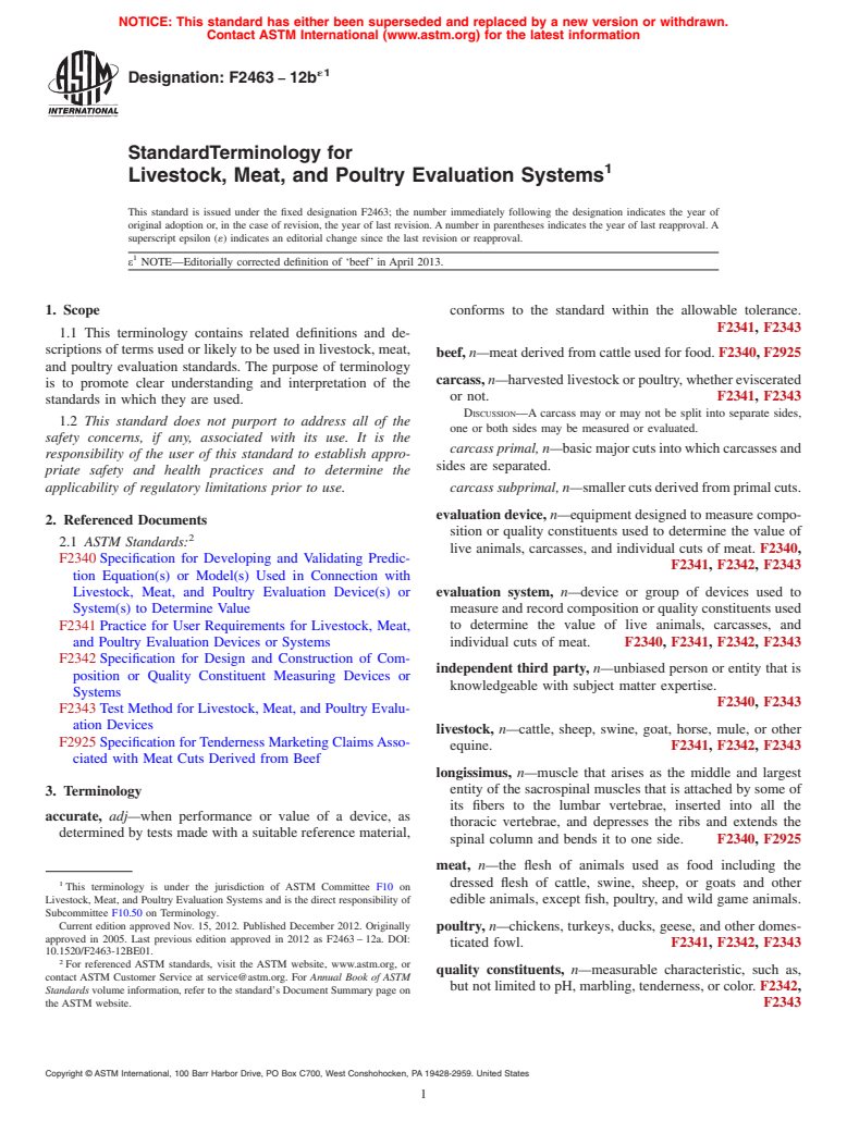 ASTM F2463-12be1 - Standard Terminology for  Livestock, Meat, and Poultry Evaluation Systems