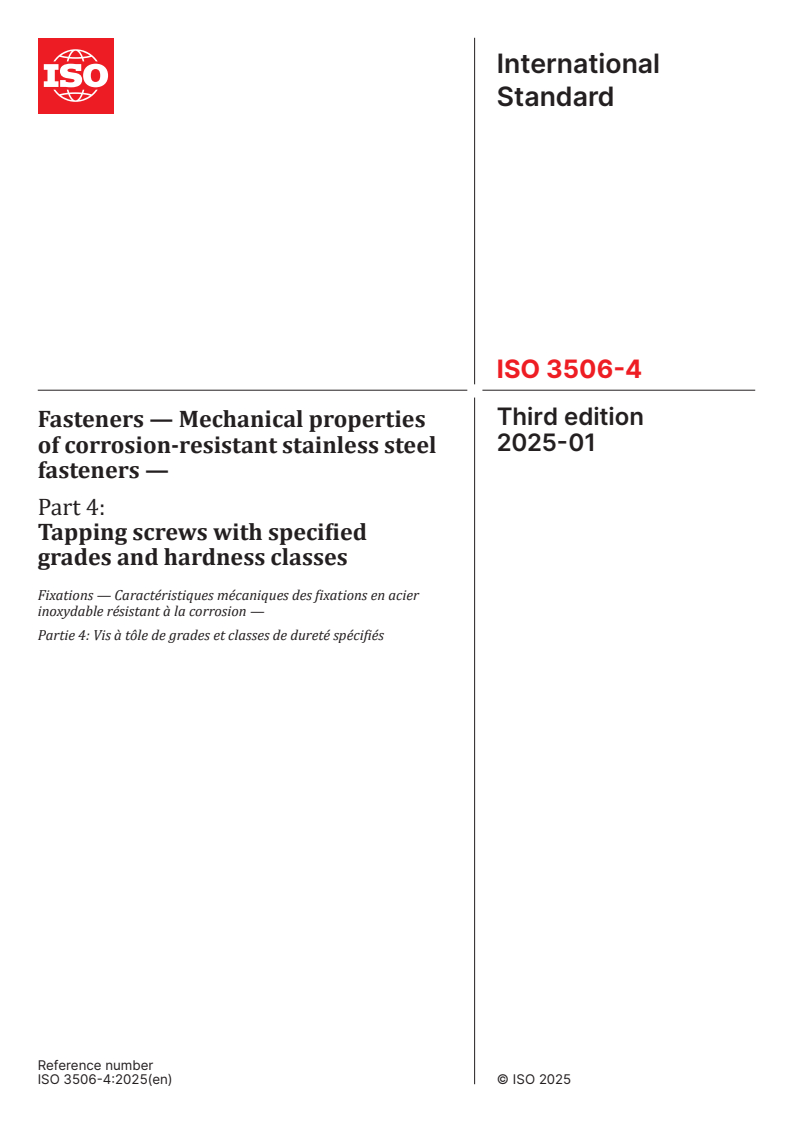 ISO 3506-4:2025 - Fasteners — Mechanical properties of corrosion-resistant stainless steel fasteners — Part 4: Tapping screws with specified grades and hardness classes
Released:10. 01. 2025