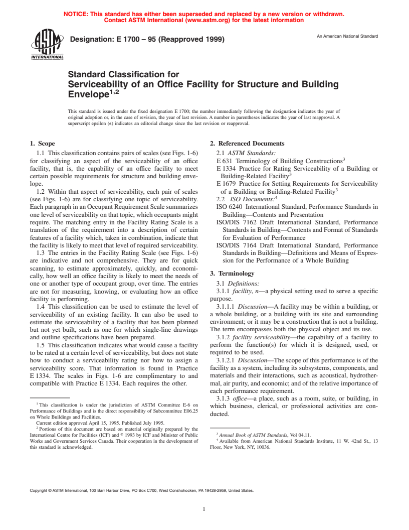 ASTM E1700-95(1999) - Standard Classification for Serviceability of an Office Facility for Structure and Building Envelope 1,2