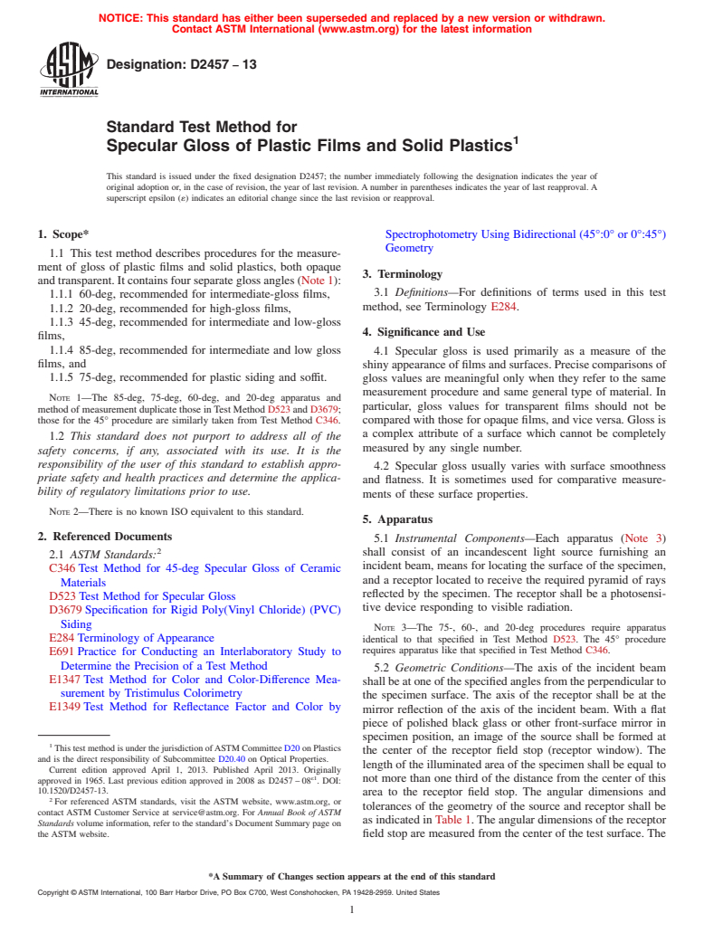 ASTM D2457-13 - Standard Test Method for Specular Gloss of Plastic Films and Solid Plastics