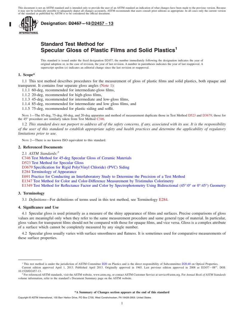 REDLINE ASTM D2457-13 - Standard Test Method for Specular Gloss of Plastic Films and Solid Plastics