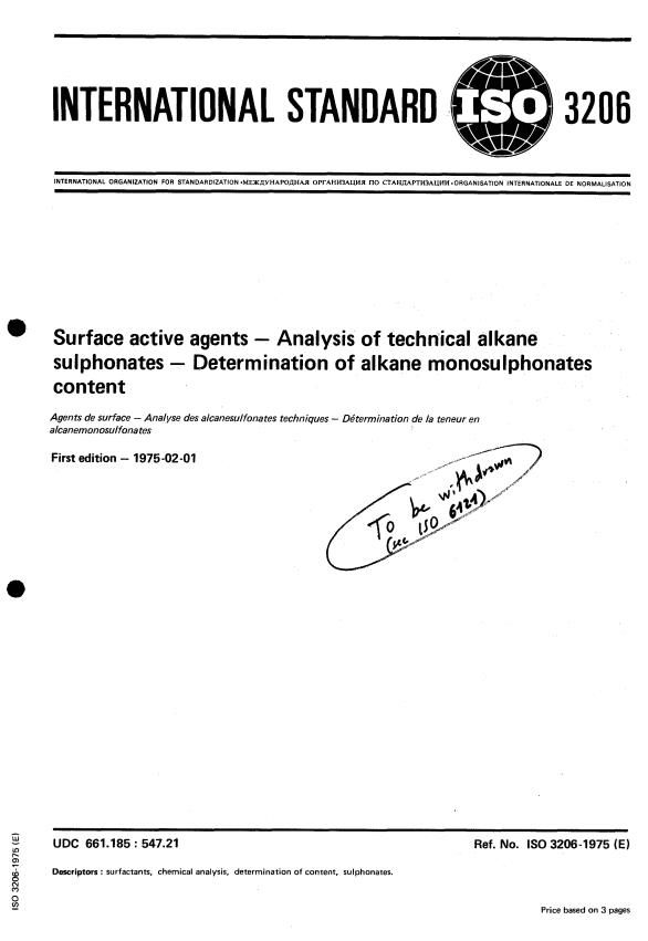 ISO 3206:1975 - Surface active agents -- Analysis of technical alkane sulphonates -- Determination of alkane monosulphonates content