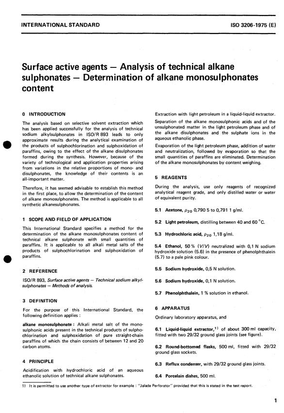ISO 3206:1975 ISO 3206:1975 - Surface active agents -- Analysis of technical alkane sulphonates -- Determination of alkane monosulphonates content - Page 2 preview