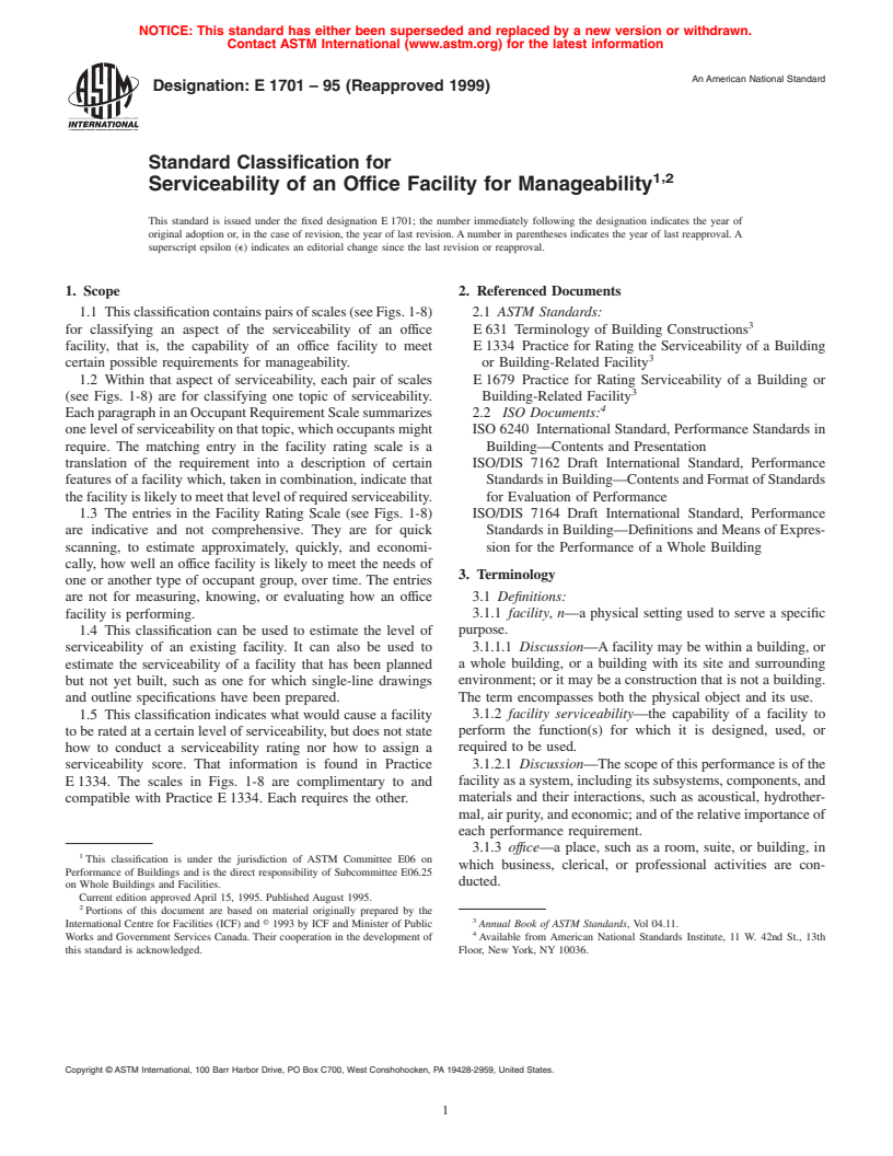 ASTM E1701-95(1999) - Standard Classification for Serviceability of an Office Facility for Manageability