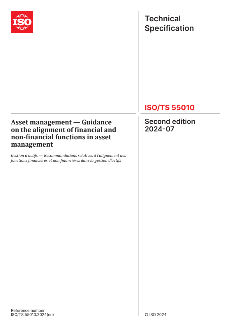ISO/TS 55010:2024 - Asset management — Guidance on the alignment of financial and non-financial functions in asset management
Released:7/8/2024