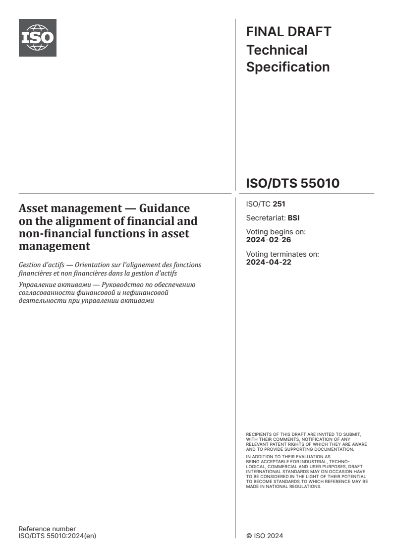 ISO/DTS 55010 - Asset management — Guidance on the alignment of financial and non-financial functions in asset management
Released:12. 02. 2024