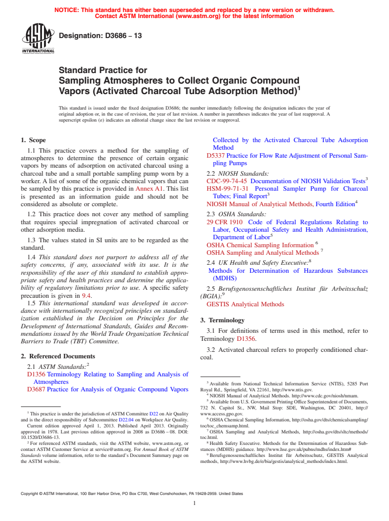 ASTM D3686-13 - Standard Practice for  Sampling Atmospheres to Collect Organic Compound Vapors (Activated  Charcoal Tube Adsorption Method)