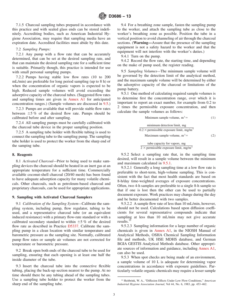 ASTM D3686-13 - Standard Practice for  Sampling Atmospheres to Collect Organic Compound Vapors (Activated  Charcoal Tube Adsorption Method)