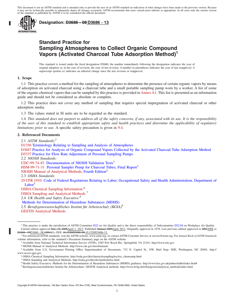 REDLINE ASTM D3686-13 - Standard Practice for  Sampling Atmospheres to Collect Organic Compound Vapors (Activated  Charcoal Tube Adsorption Method)