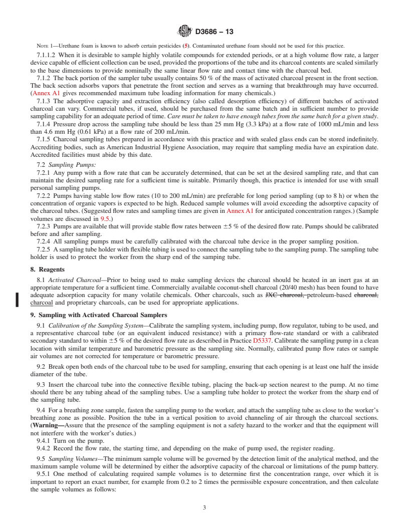 REDLINE ASTM D3686-13 - Standard Practice for  Sampling Atmospheres to Collect Organic Compound Vapors (Activated  Charcoal Tube Adsorption Method)