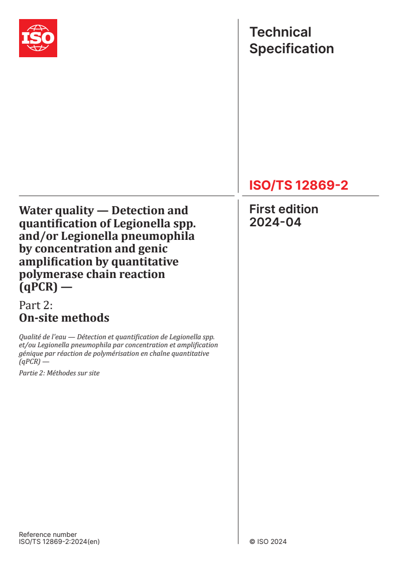 ISO/TS 12869-2:2024 - Water quality — Detection and quantification of Legionella spp. and/or Legionella pneumophila by concentration and genic amplification by quantitative polymerase chain reaction (qPCR) — Part 2: On-site methods
Released:5. 04. 2024