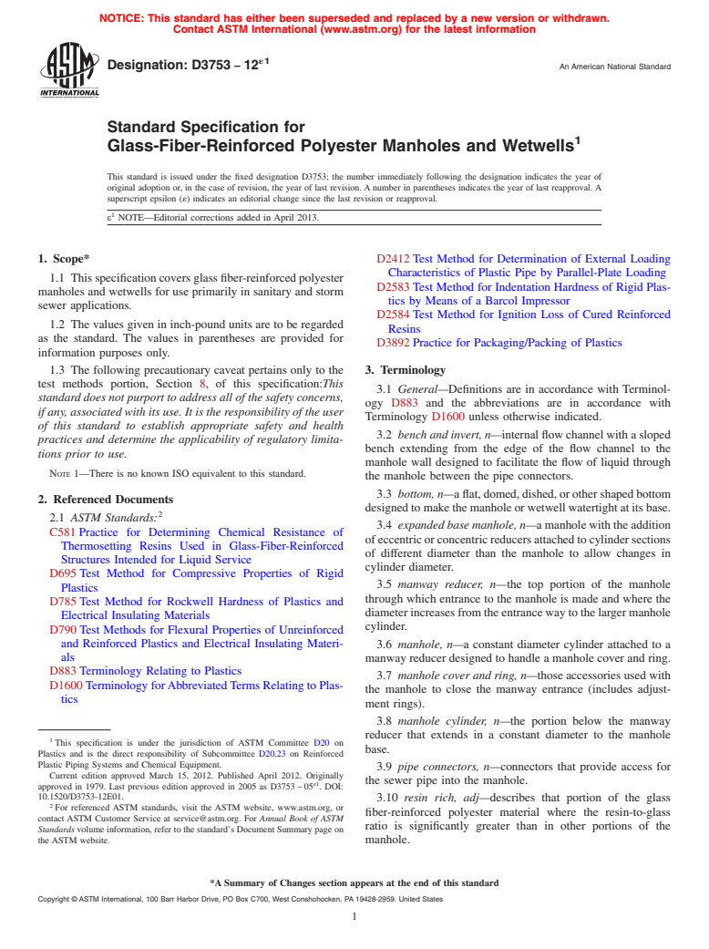 ASTM D3753-12e1 - Standard Specification for  Glass-Fiber-Reinforced Polyester Manholes and Wetwells