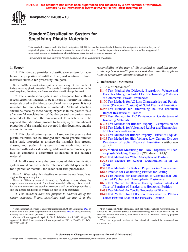 ASTM D4000-13 - Standard Classification System for  Specifying Plastic Materials