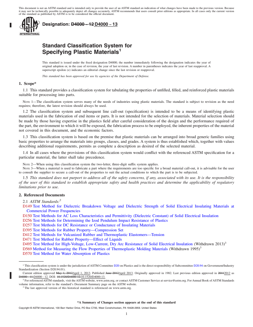 REDLINE ASTM D4000-13 - Standard Classification System for  Specifying Plastic Materials