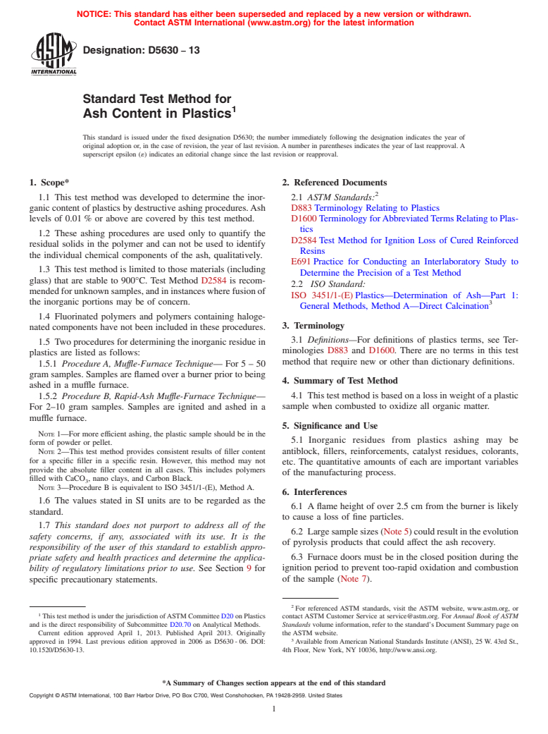 ASTM D5630-13 - Standard Test Method for Ash Content in Plastics (Withdrawn 2022)