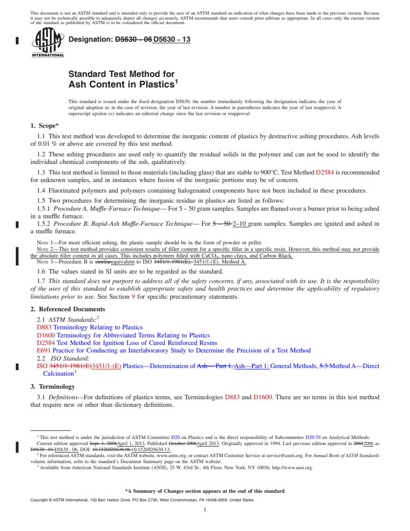 REDLINE ASTM D5630-13 - Standard Test Method for Ash Content in Plastics (Withdrawn 2022)