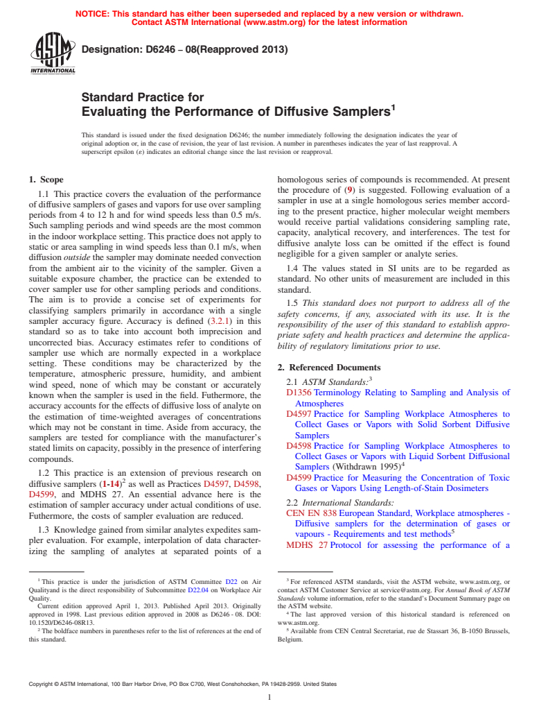 ASTM D6246-08(2013) - Standard Practice for  Evaluating the Performance of Diffusive Samplers