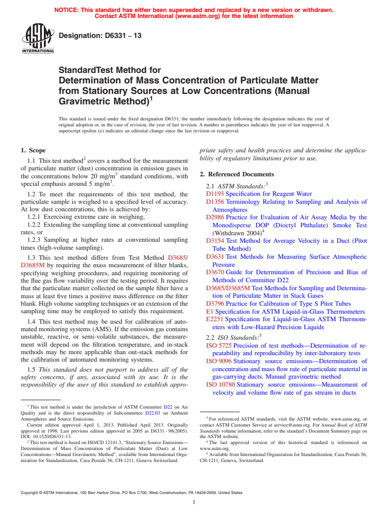 ASTM D6331-13 - Standard Test Method for  Determination of Mass Concentration of Particulate Matter from  Stationary Sources at Low Concentrations (Manual Gravimetric Method)