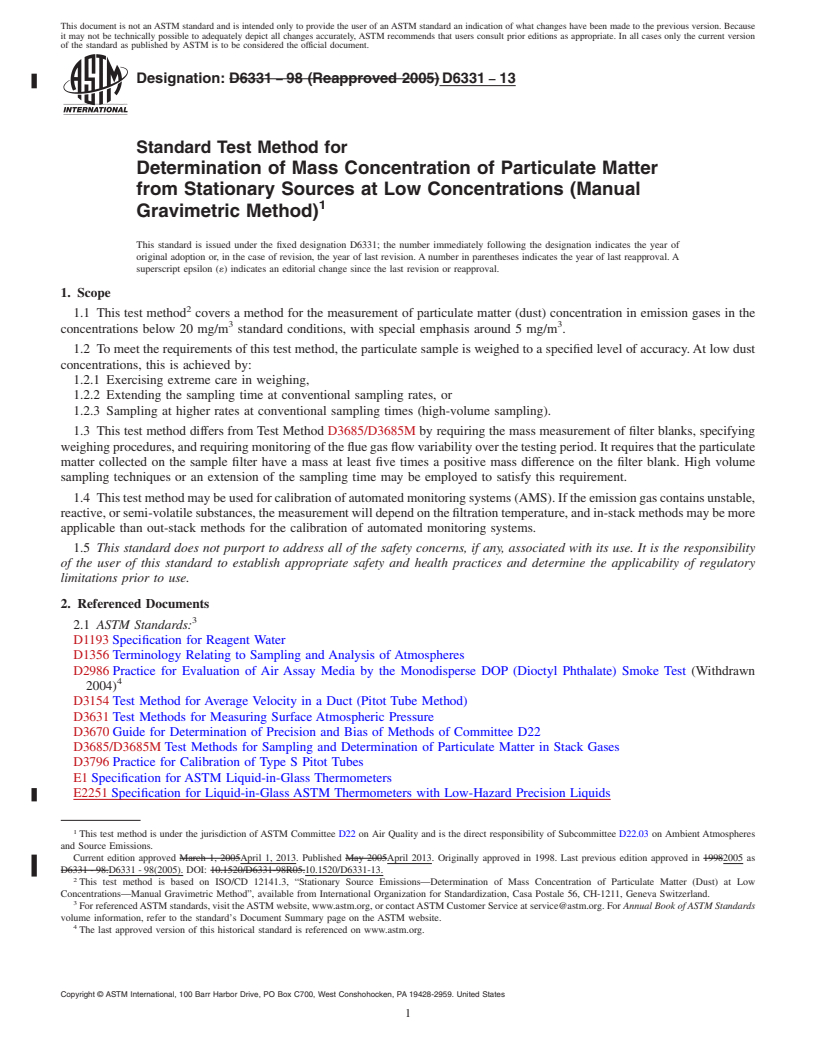 REDLINE ASTM D6331-13 - Standard Test Method for  Determination of Mass Concentration of Particulate Matter from  Stationary Sources at Low Concentrations (Manual Gravimetric Method)