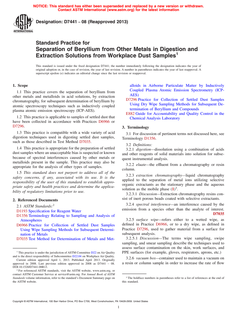 ASTM D7441-08(2013) - Standard Practice for  Separation of Beryllium from Other Metals in Digestion and  Extraction Solutions from Workplace Dust Samples (Withdrawn 2018)