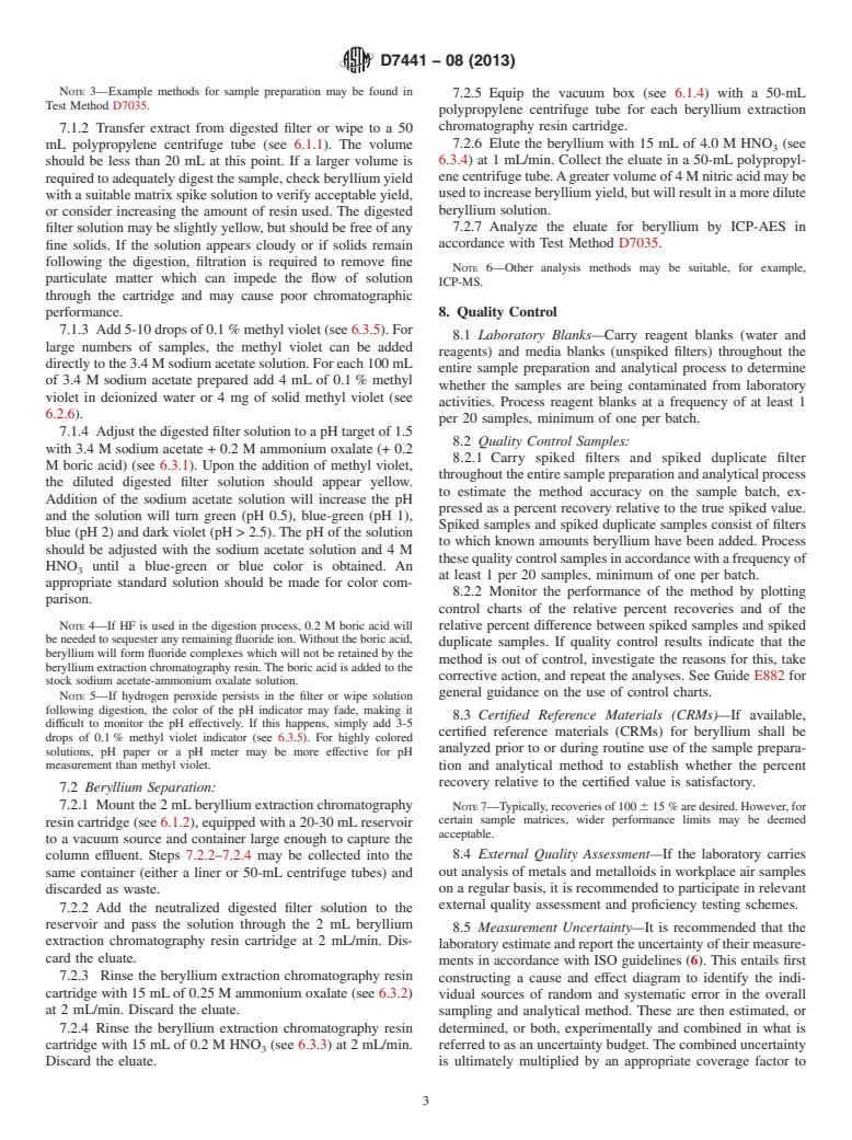 ASTM D7441-08(2013) - Standard Practice for  Separation of Beryllium from Other Metals in Digestion and  Extraction Solutions from Workplace Dust Samples (Withdrawn 2018)