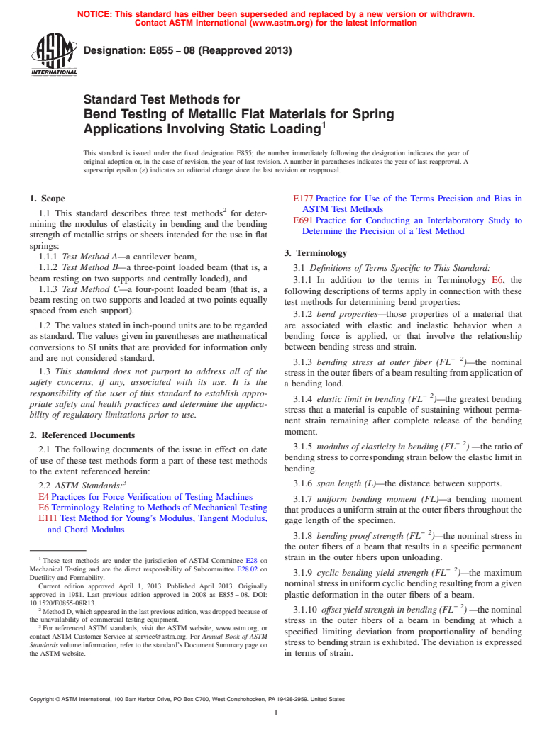 ASTM E855-08(2013) - Standard Test Methods for  Bend Testing of Metallic Flat Materials for Spring Applications  Involving Static Loading