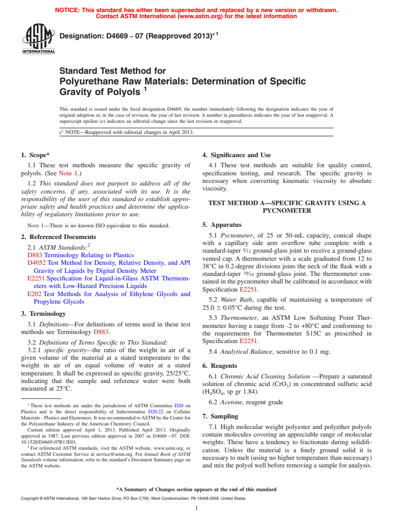 ASTM D4669-07(2013)e1 - Standard Test Method for Polyurethane Raw Materials: Determination of Specific Gravity of Polyols