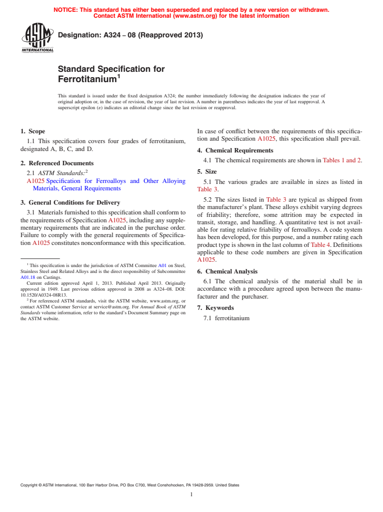 ASTM A324-08(2013) - Standard Specification for  Ferrotitanium