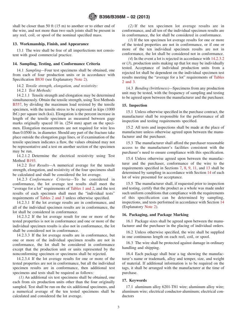 ASTM B398/B398M-02(2013) - Standard Specification for Aluminum-Alloy 6201-T81 Wire for Electrical Purposes