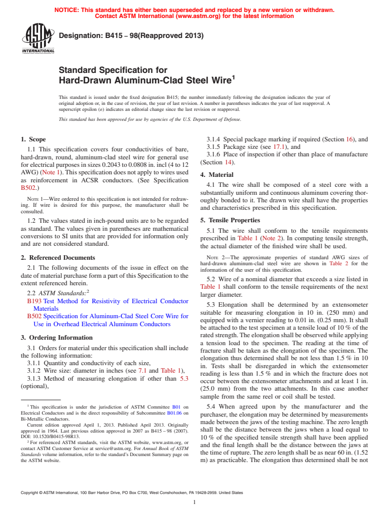 ASTM B415-98(2013) - Standard Specification for Hard-Drawn Aluminum-Clad Steel Wire