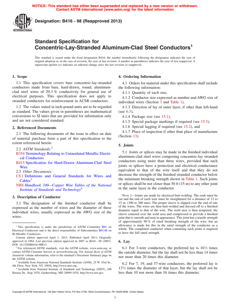 ASTM B416-98(2013) - Standard Specification for Concentric-Lay-Stranded Aluminum-Clad Steel Conductors