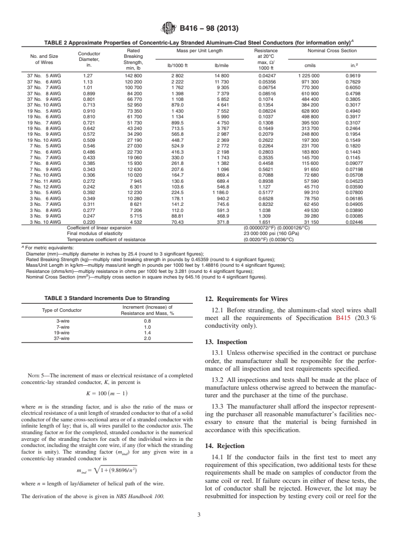 ASTM B416-98(2013) - Standard Specification for Concentric-Lay-Stranded Aluminum-Clad Steel Conductors